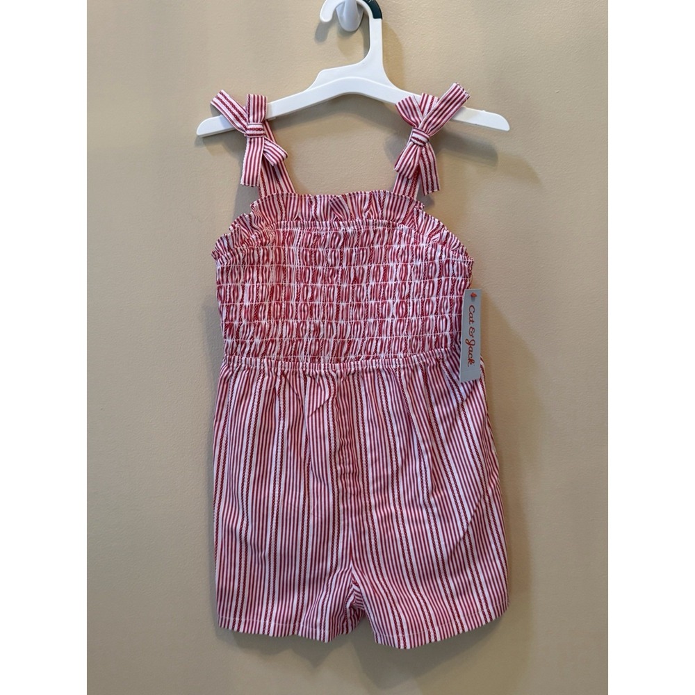 Cat & Jack Toddler Girls' Smocked Romper Red & White Striped Size 4T NWT